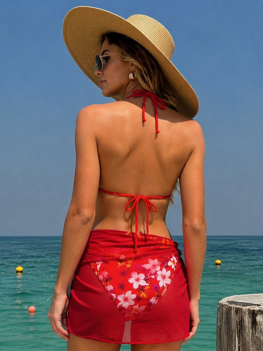 Luxzii Red Floral Bikini Set with Wrap Skirt for Women