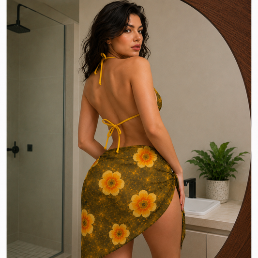 Luxziii Women's Mustard Yellow Floral Print 3-Piece Bikini Set with Tie-Up Sarong