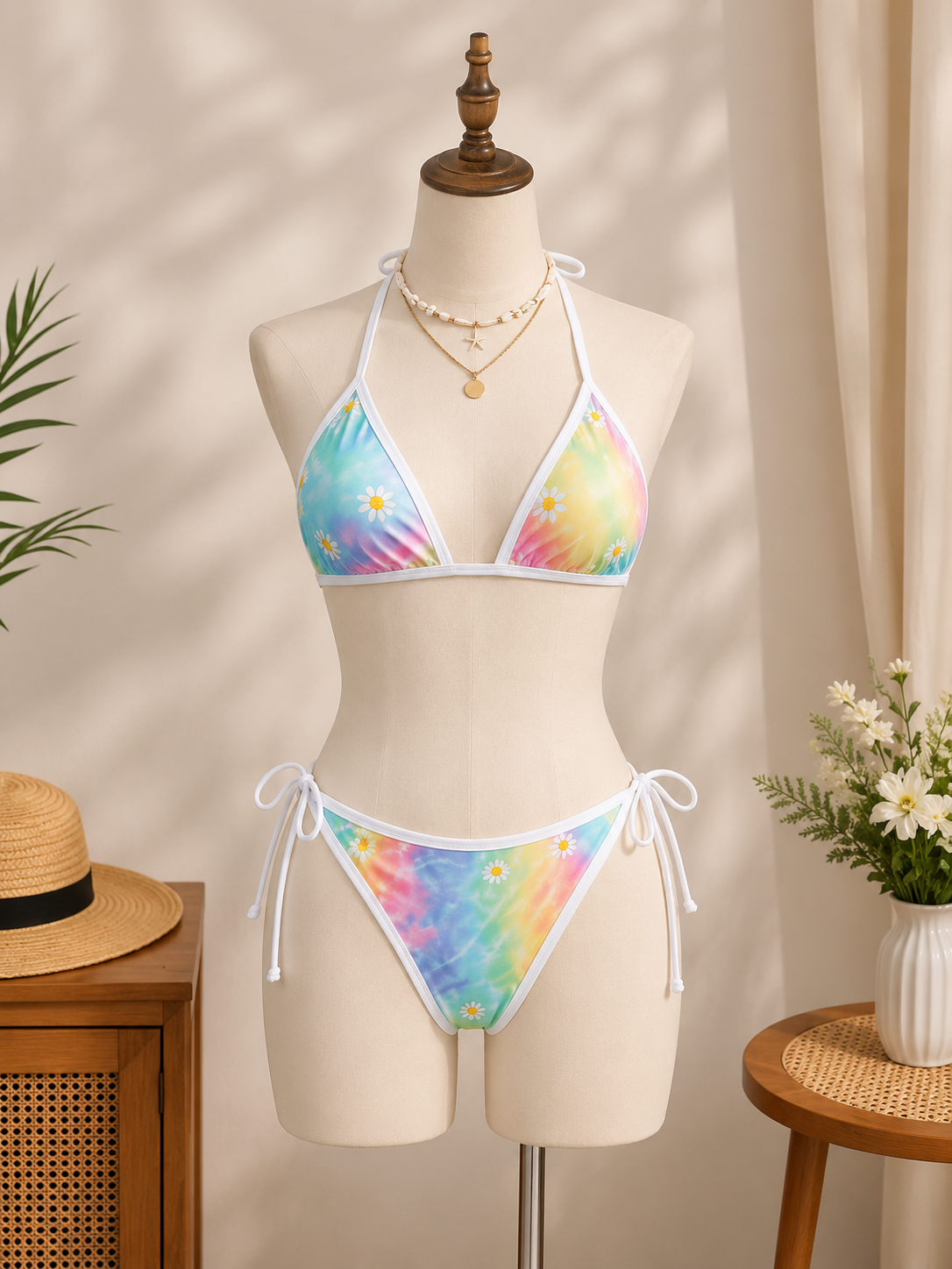 Luxzii Women's Pastel Tie-Dye 3-Piece Bikini Set with Floral Print