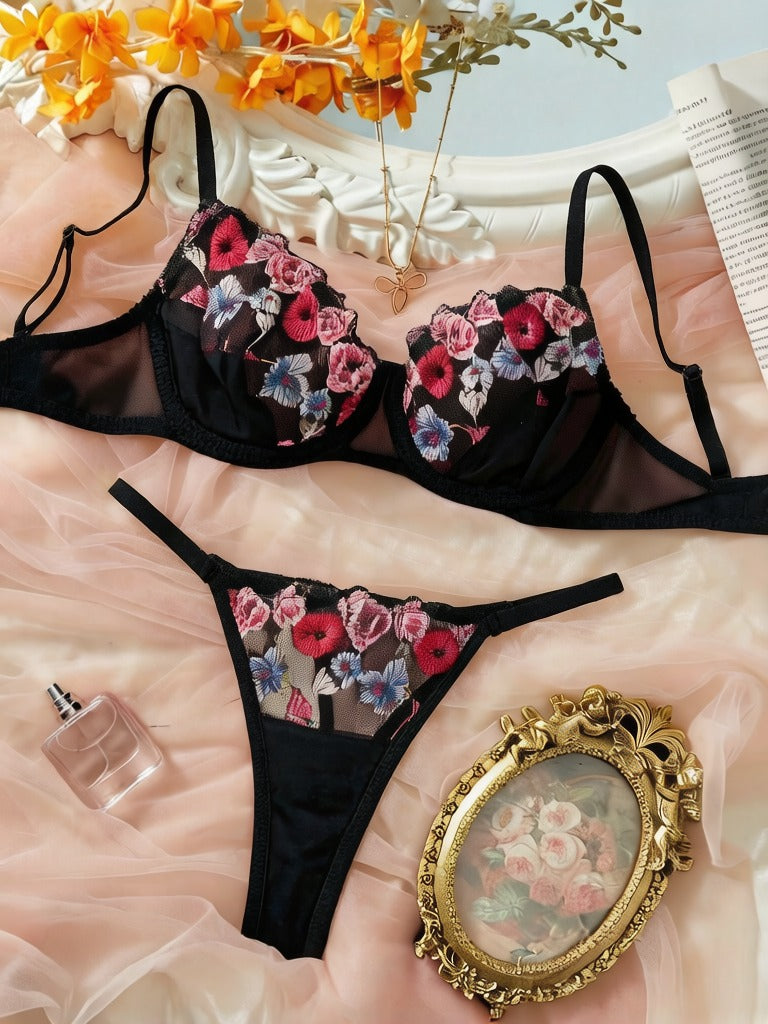 Luxzii Women's Floral Embroidered Lingerie Set