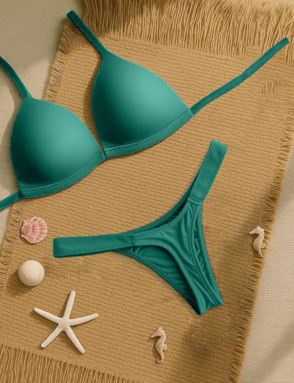 Woman wearing green bikini swimwear on a beach with ocean background