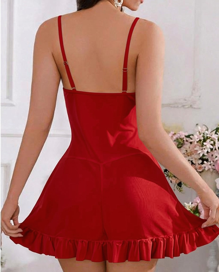 Luxzii Women's Scarlet Red Floral Lace Babydoll Dress