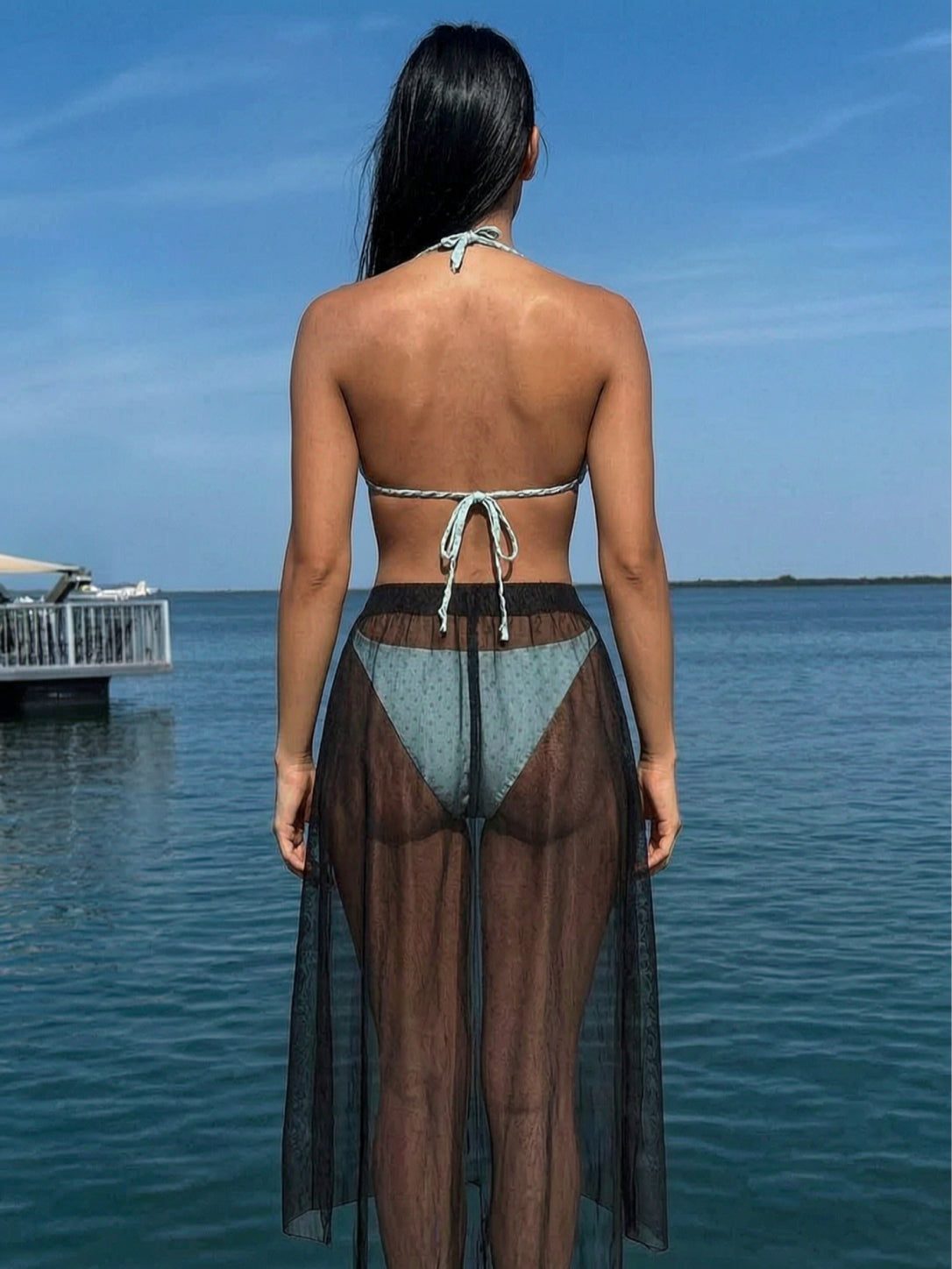 LUXZII Women’s Solid Halter Bikini Set with Sheer Black Beach Cover-Up