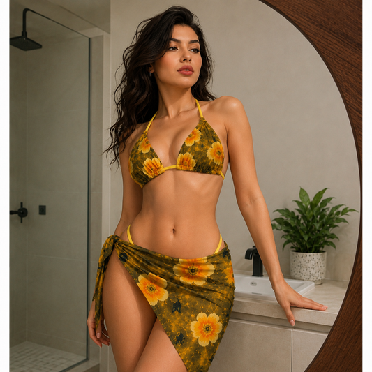 Luxziii Women's Mustard Yellow Floral Print 3-Piece Bikini Set with Tie-Up Sarong