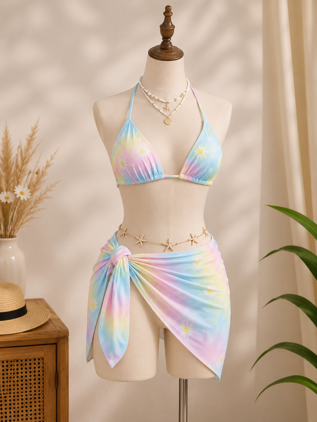 Luxzii Women's Pastel Tie-Dye 3-Piece Bikini Set with Floral Print