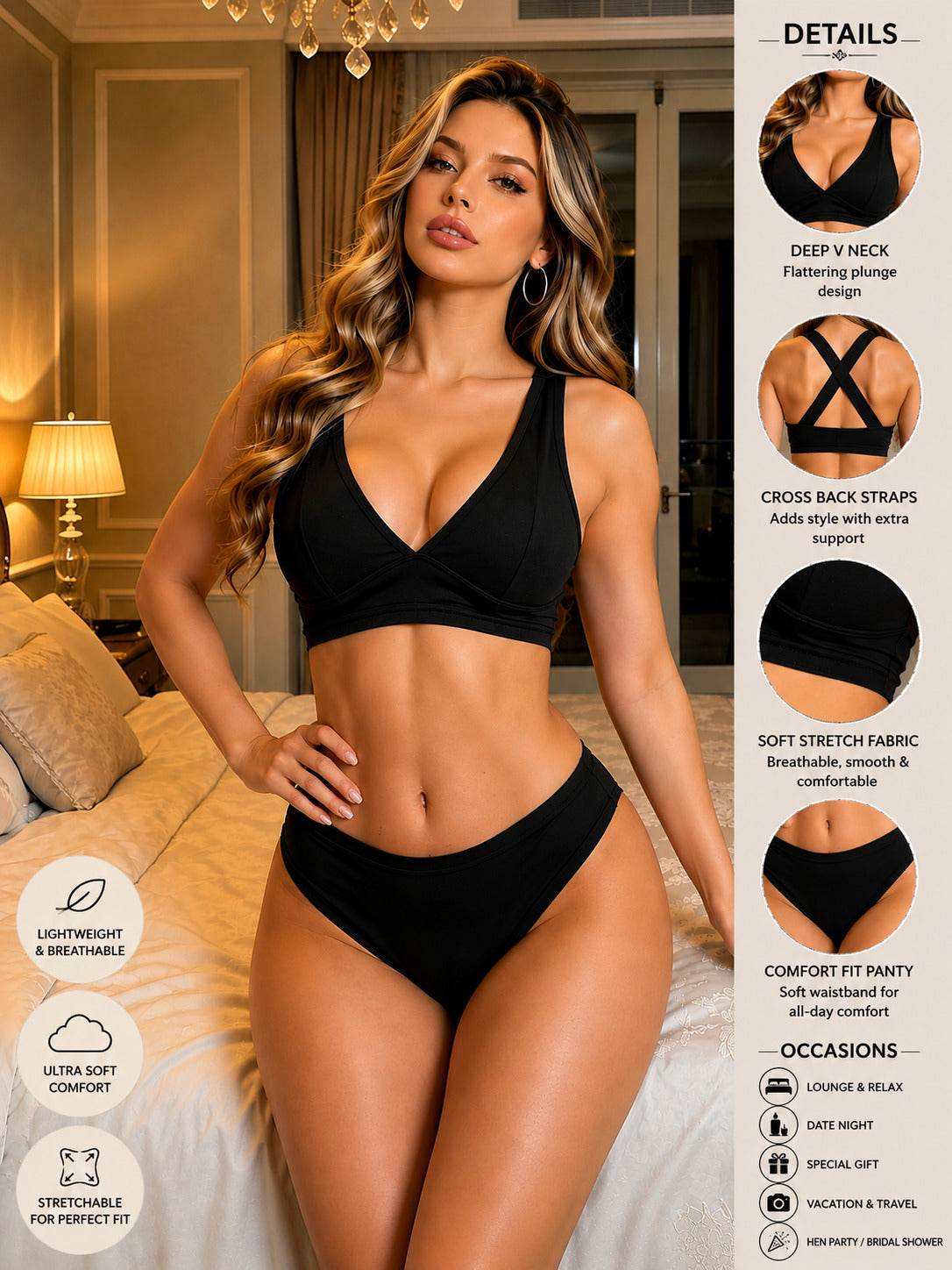 Luxzii Women's Black Lingerie Set | V-Neck Cross-Back Bra & Matching Brief
