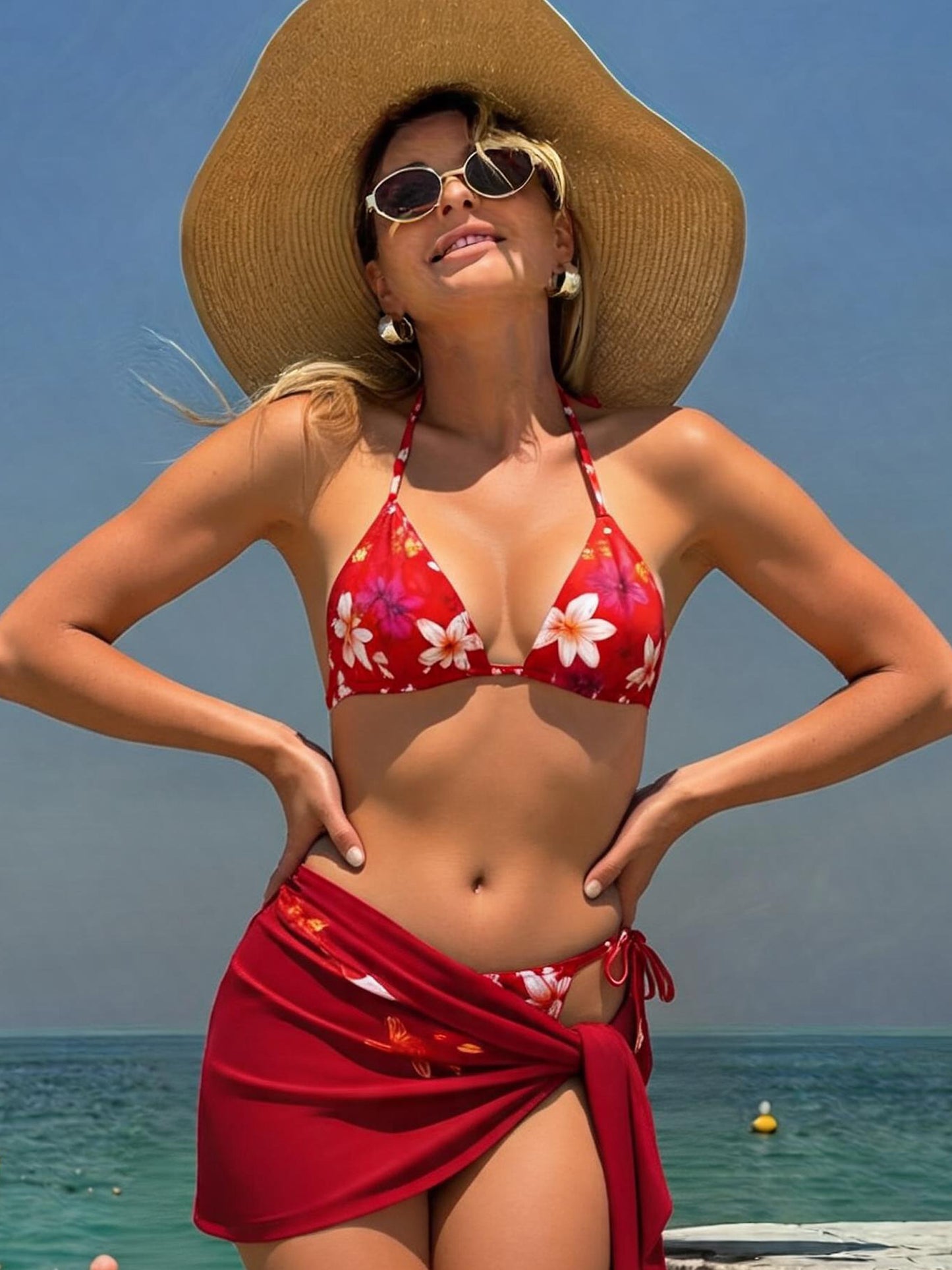 Luxzii Red Floral Bikini Set with Wrap Skirt for Women