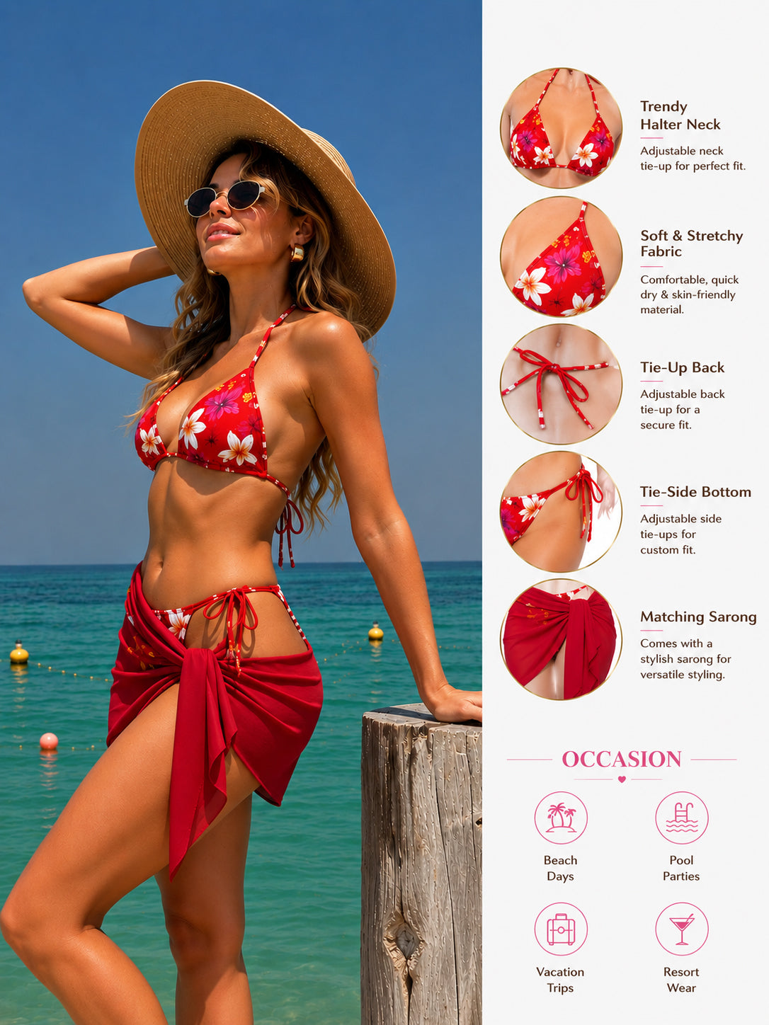 Luxzii Red Floral Bikini Set with Wrap Skirt for Women