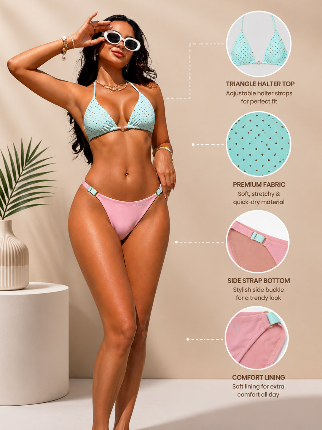Luxzii Mint Green & Blush Pink Bikini Set for Women