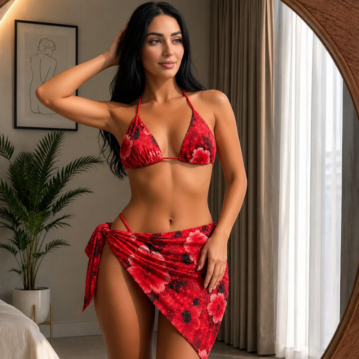 Luxziii Women's Red Floral Print 3-Piece Bikini Set with Tie-Up Sarong