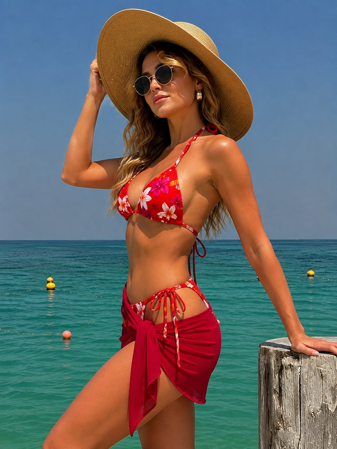 Luxzii Red Floral Bikini Set with Wrap Skirt for Women