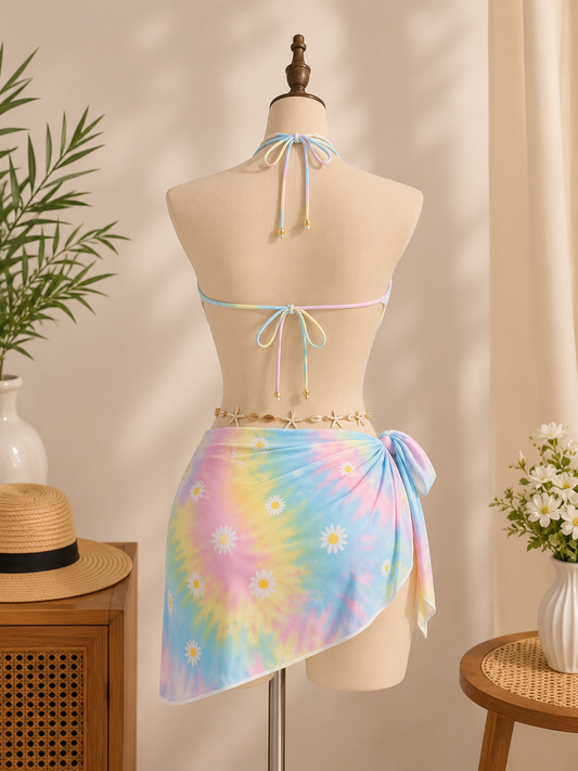 Luxzii Women's Pastel Tie-Dye 3-Piece Bikini Set with Floral Print