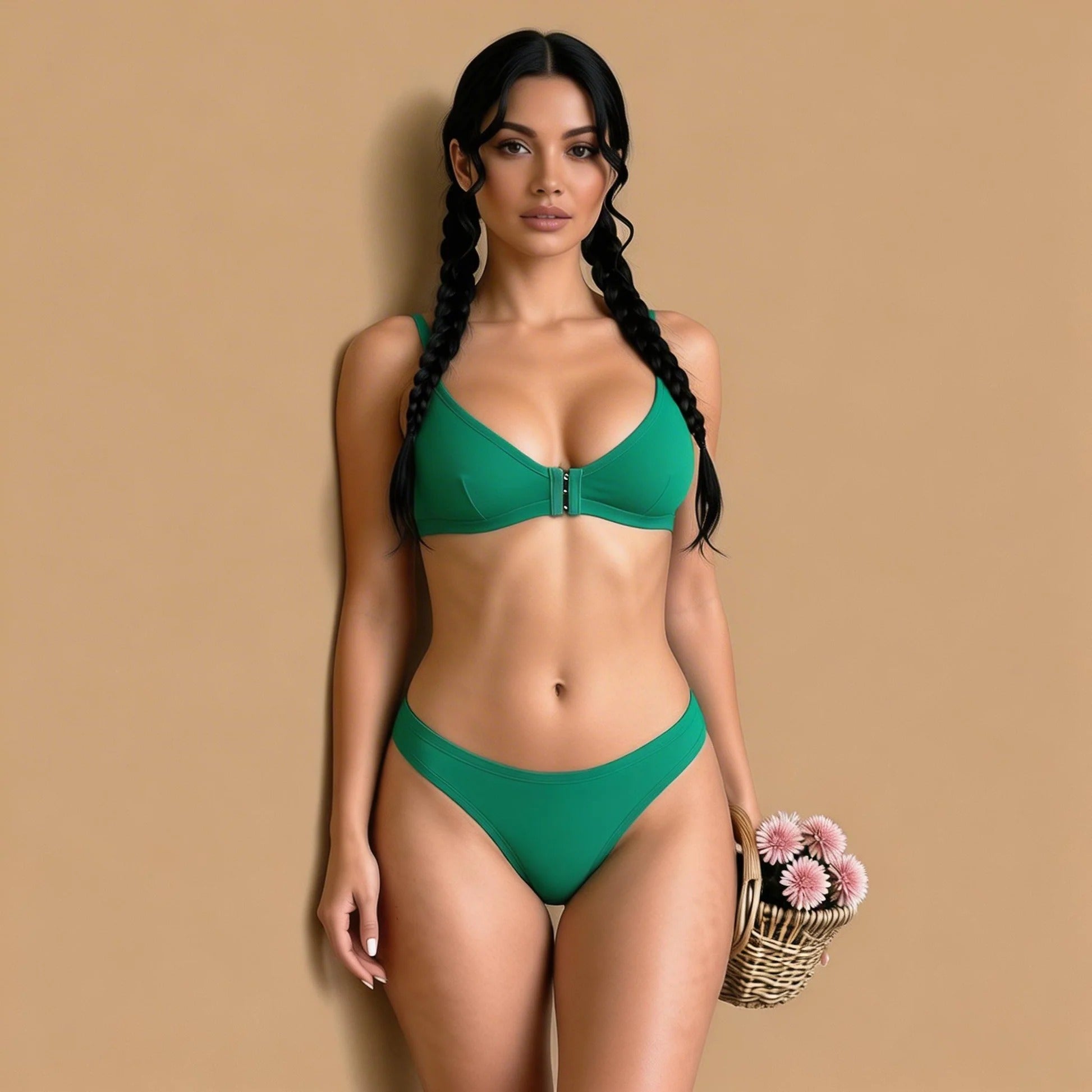 Woman wearing a green bikini holding flowers against a beige background