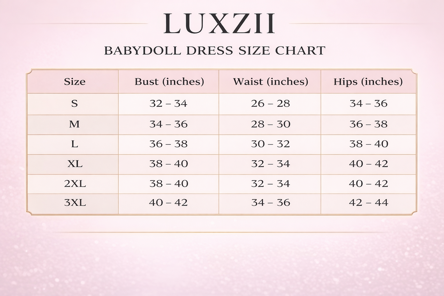 LUXZII babydoll dress size chart on a pink background