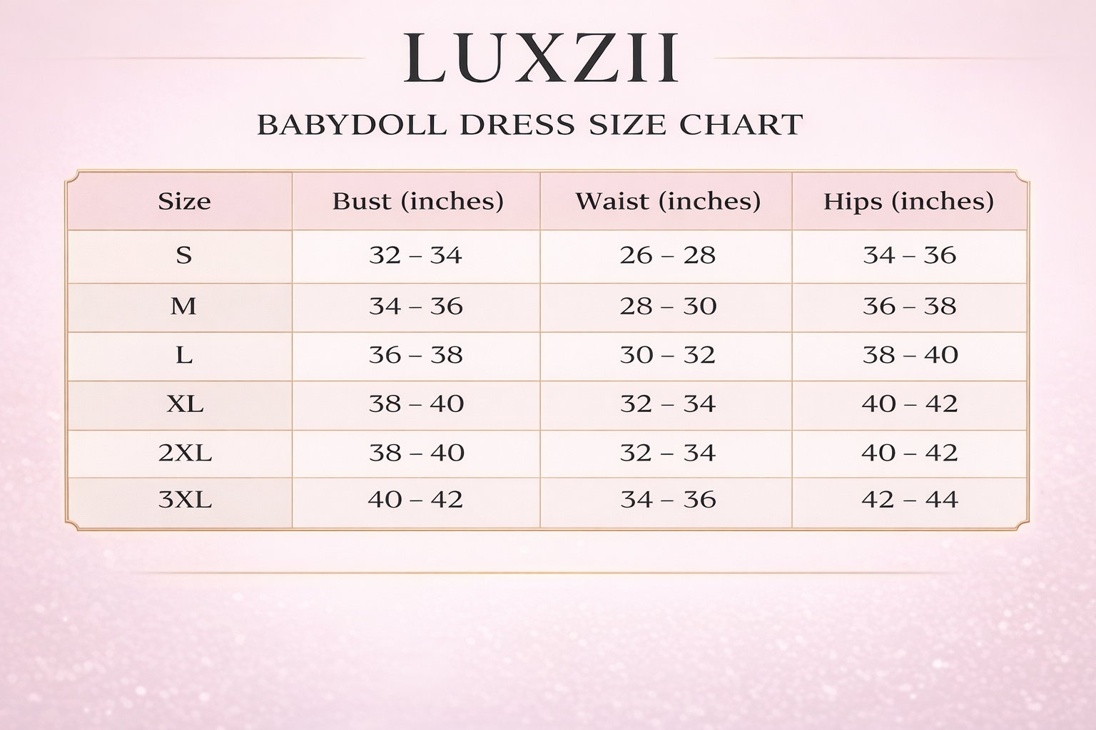 LUXZII babydoll dress size chart on a pink background