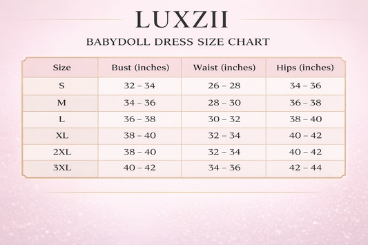 LUXZII babydoll dress size chart on a pink background