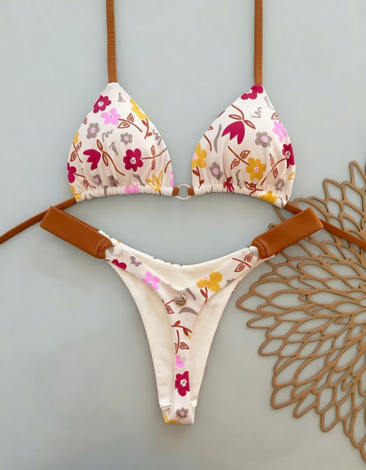 Luxzii floral print bikini swimwear set with brown straps displayed on light background for women beach fashion