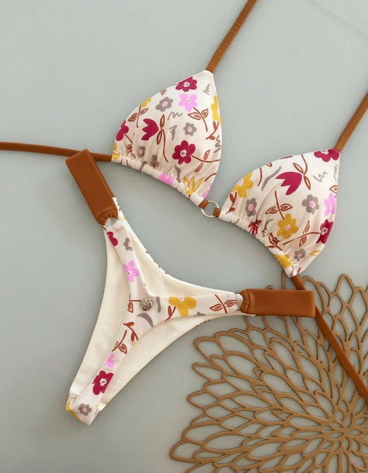 Luxzii floral print bikini swimwear set with brown straps displayed on light background for women beach fashion
