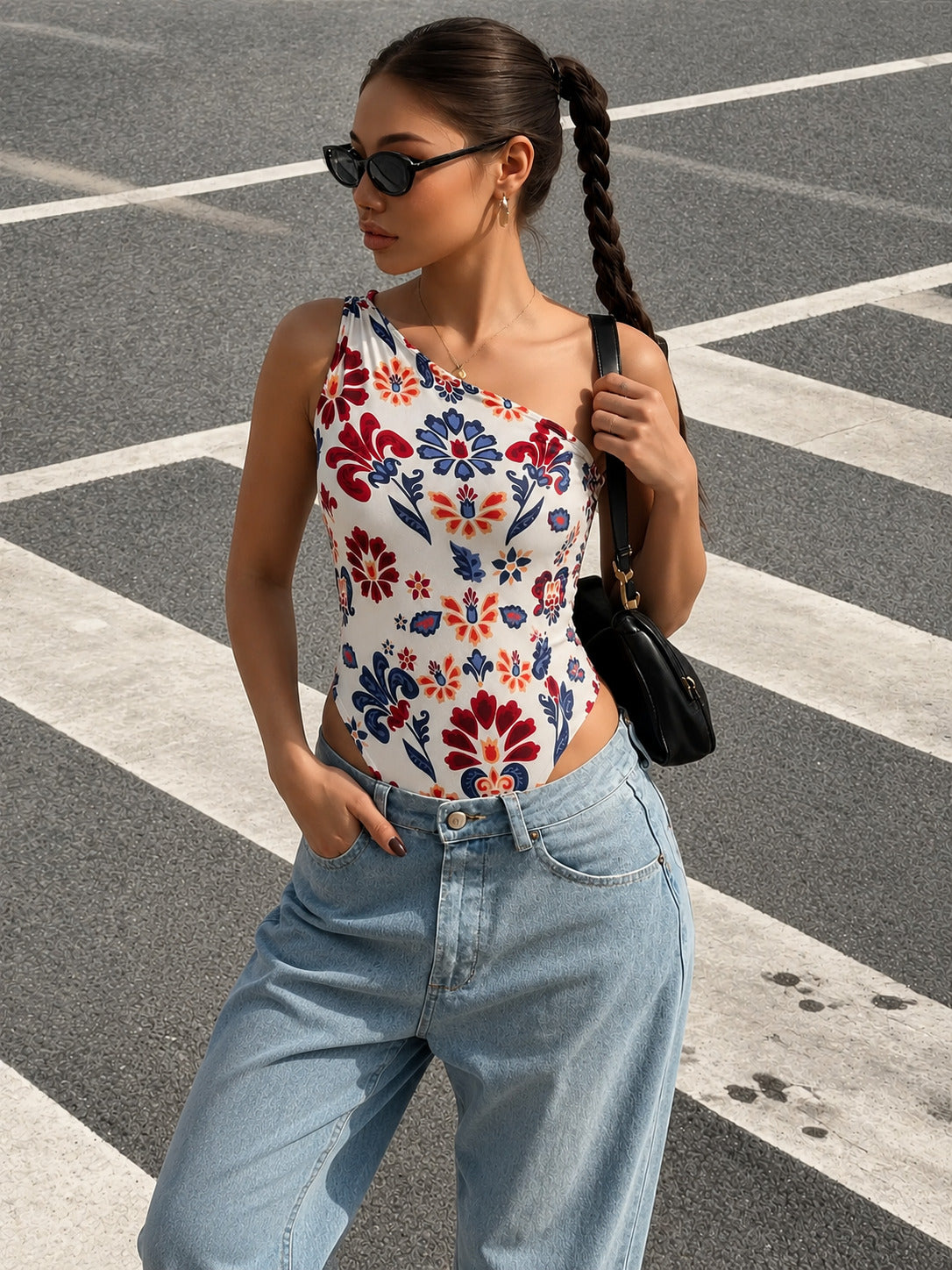 Woman wearing a floral top and jeans standing on a street.