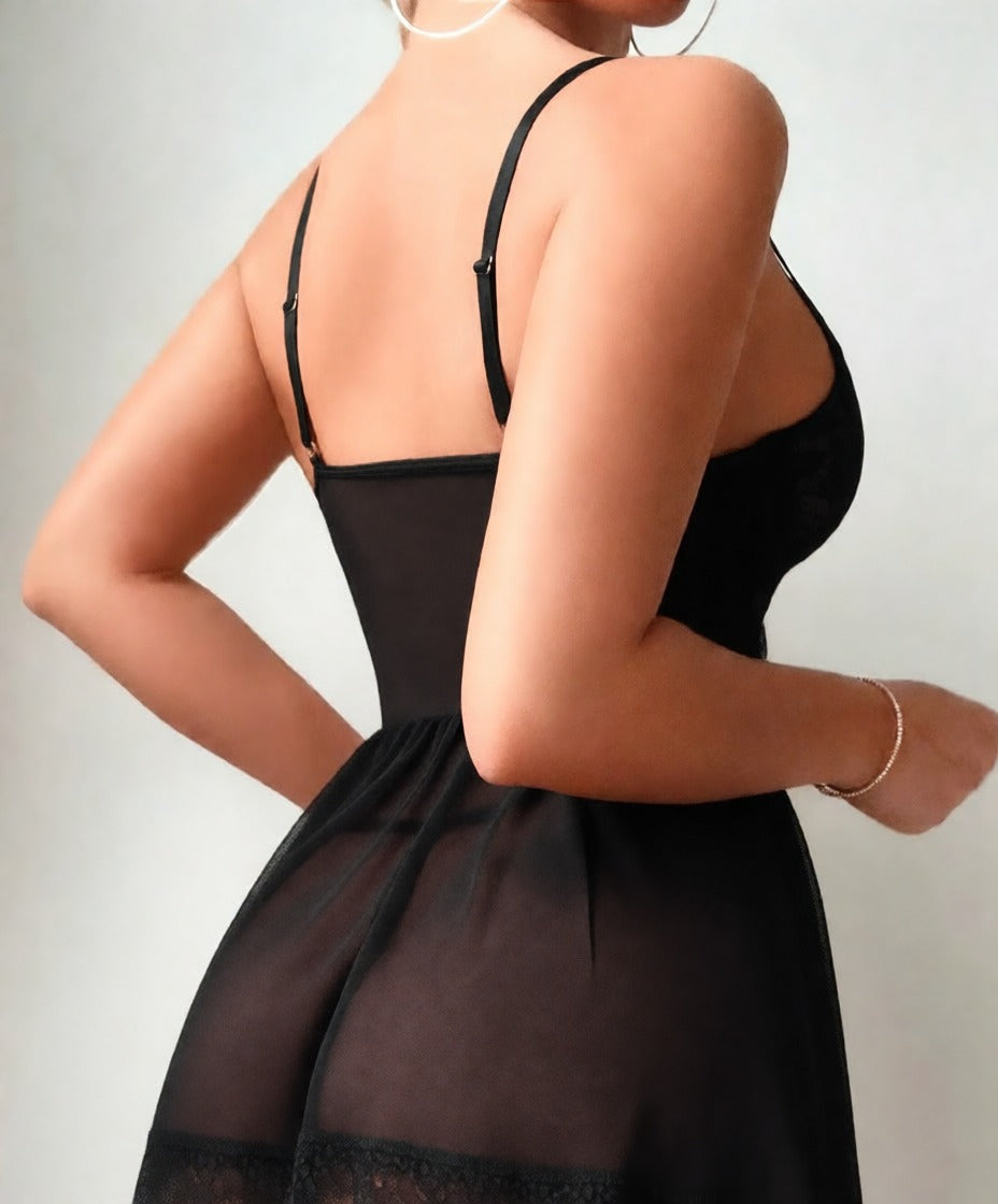 Luxzii Black Lace Babydoll Dress with Corset Detail & Garter Straps