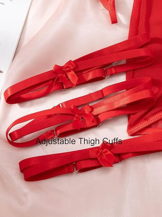 Luxzii Red Mesh Lingerie Set with Halter Bra, Skirt & Arm Sleeves