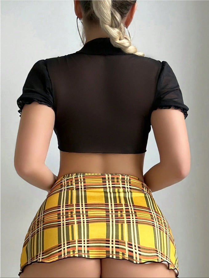 Sexy Plaid Crop Top & Mini Skirt Lingerie Set