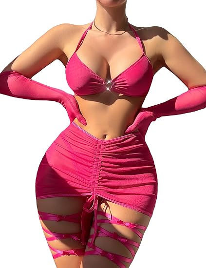 Luxzii Pink Tie-Up Babydoll Lingerie Set with Mini Skirt