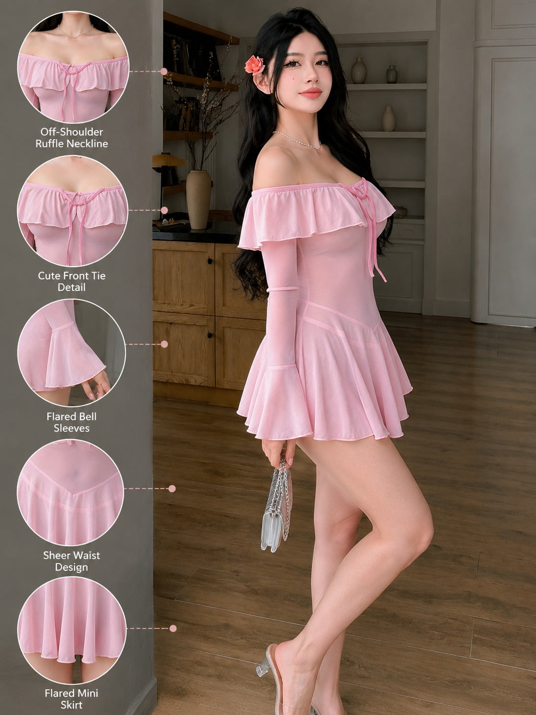 Luxziii Women's Pink Off-Shoulder Sheer Mesh Babydoll Dress with Bell Sleeves
