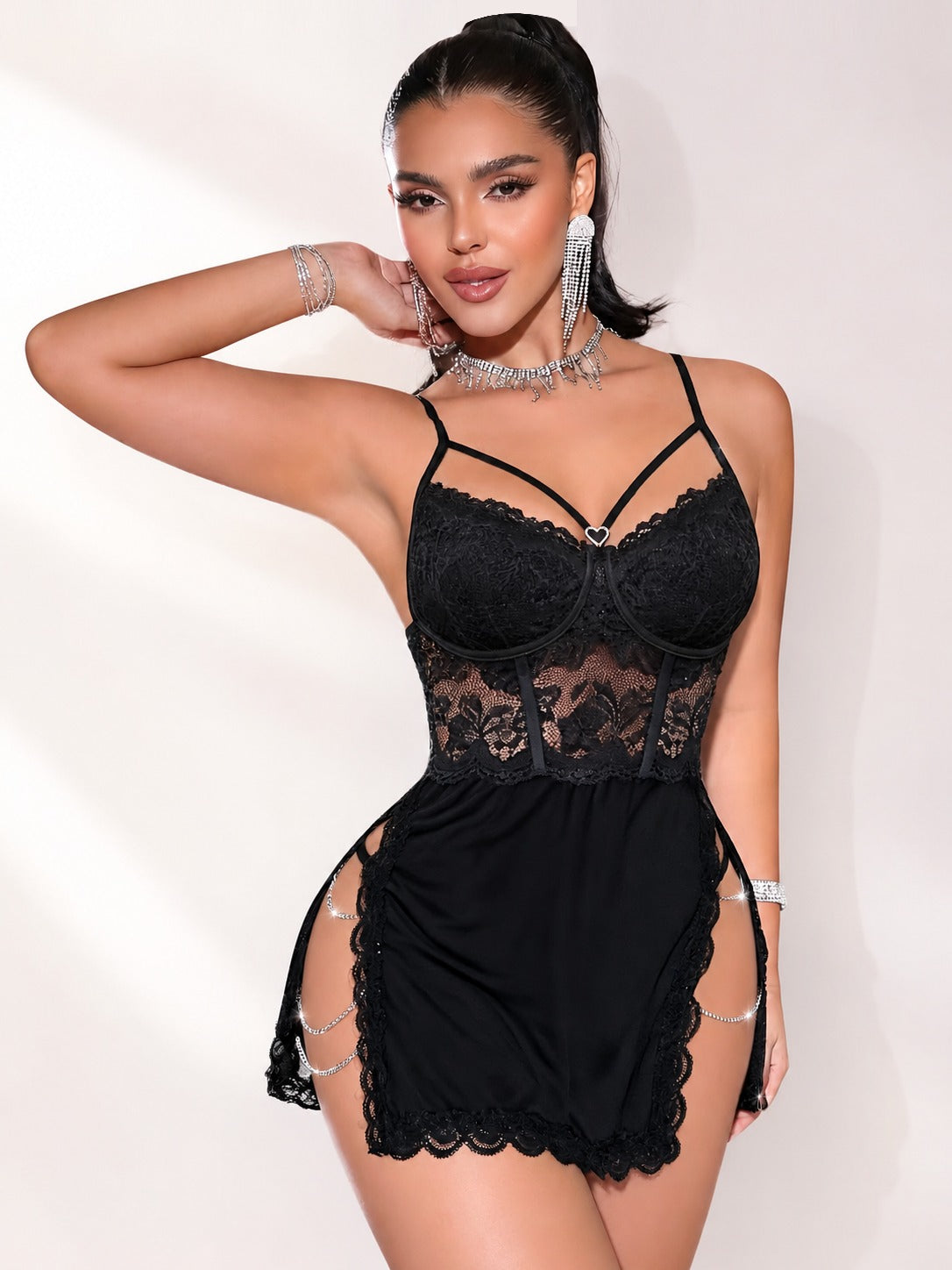 Luxzii Women's Black Lace Babydoll Dress