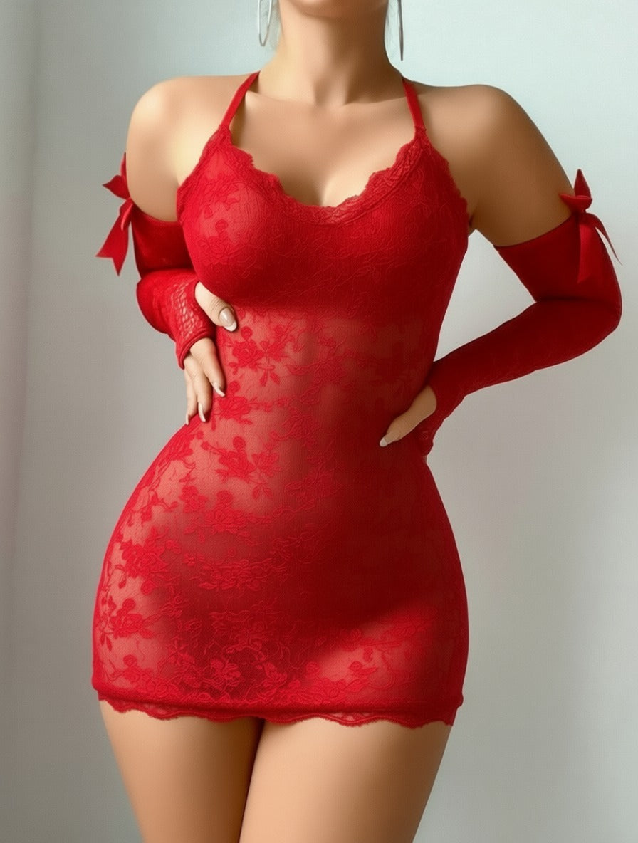Lace Halter Neck Babydoll Dress with Gloves
