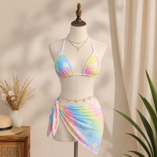 Luxzii Women's Pastel Tie-Dye 3-Piece Bikini Set with Floral Print