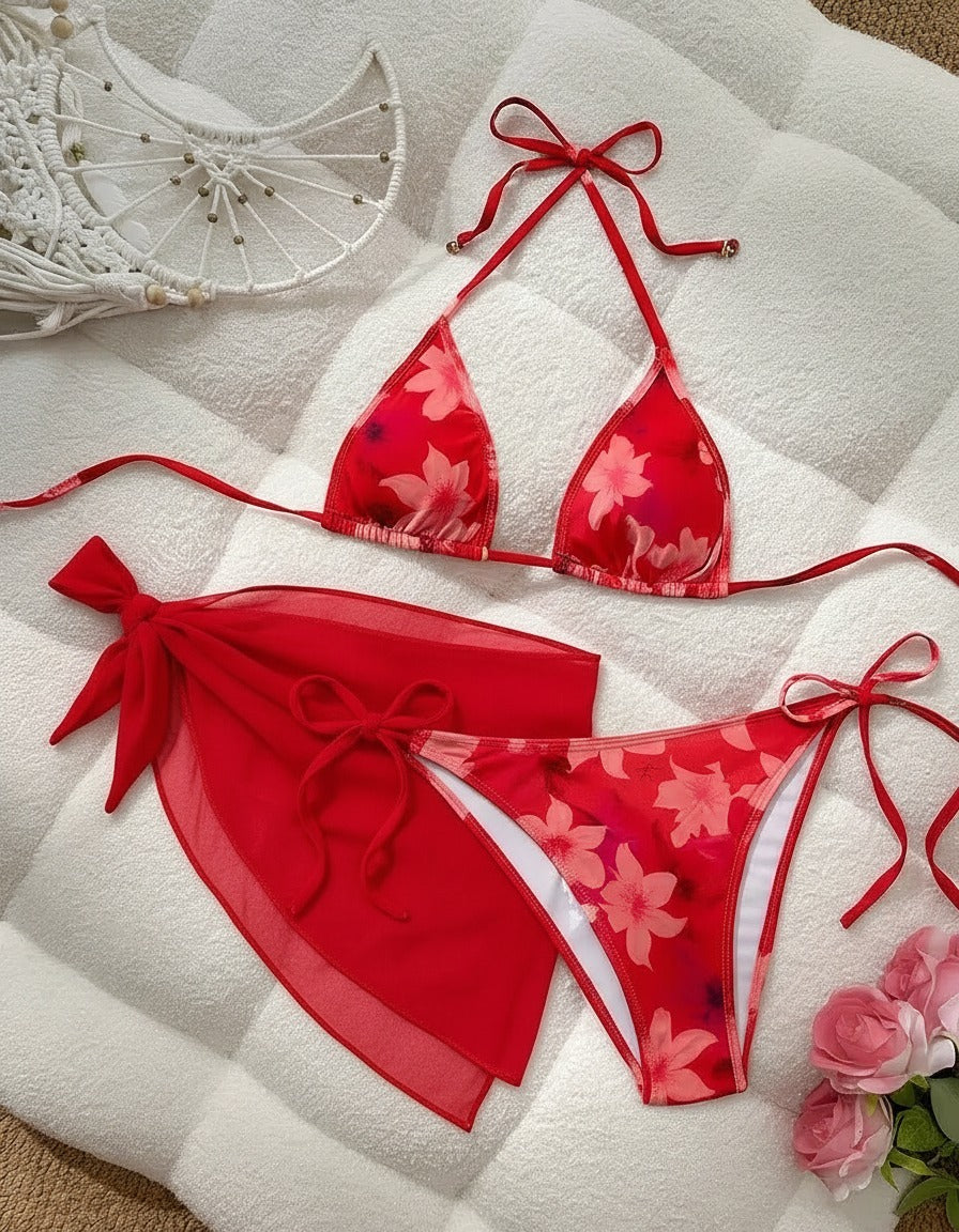 Luxziii red floral bikini swimwear set for women at beach