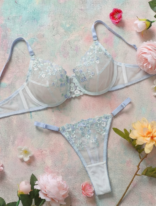 Luxziii light blue embroidered lingerie set for women with floral lace design