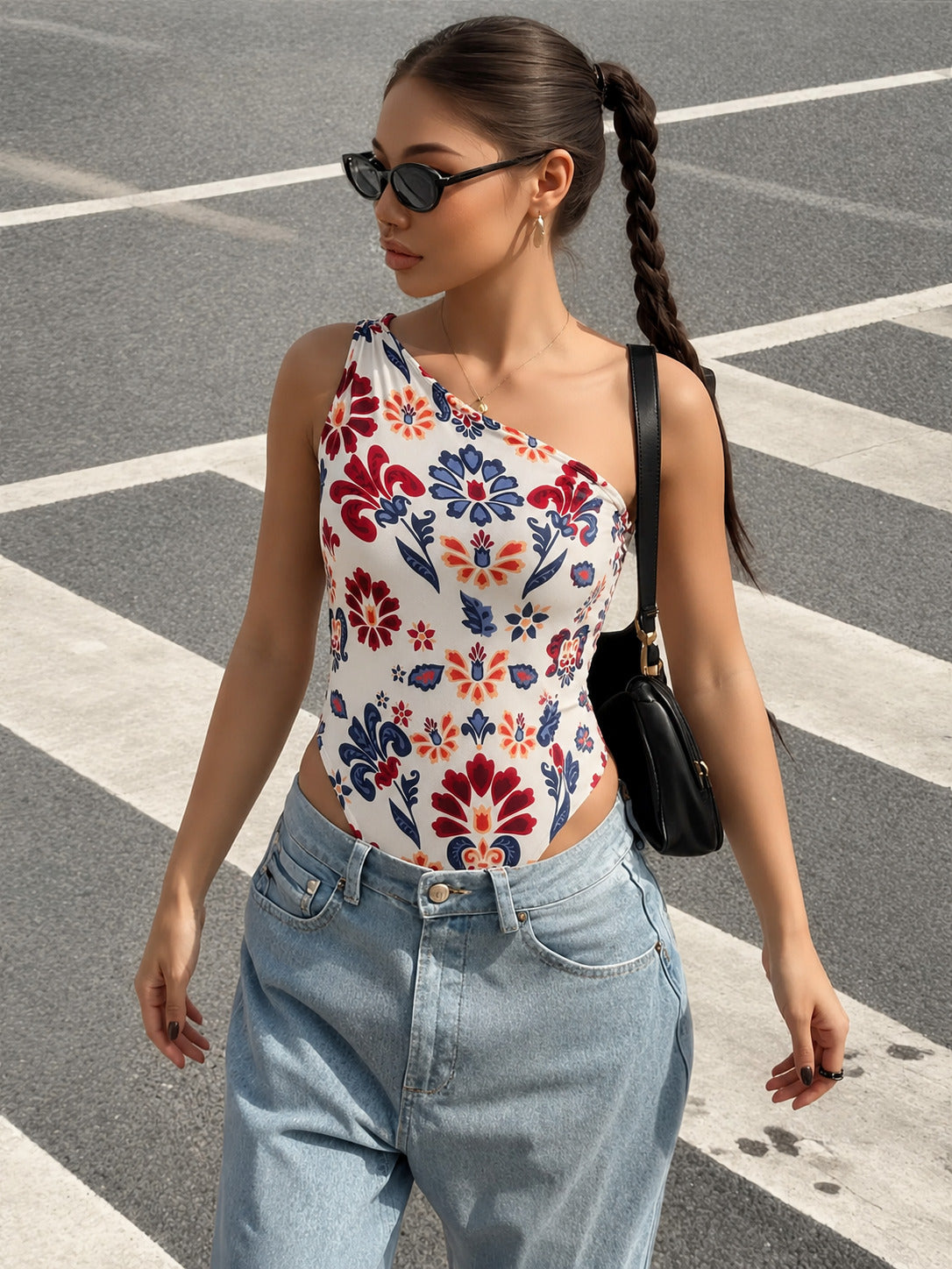 Woman wearing a colorful floral top and blue jeans walking on a street.