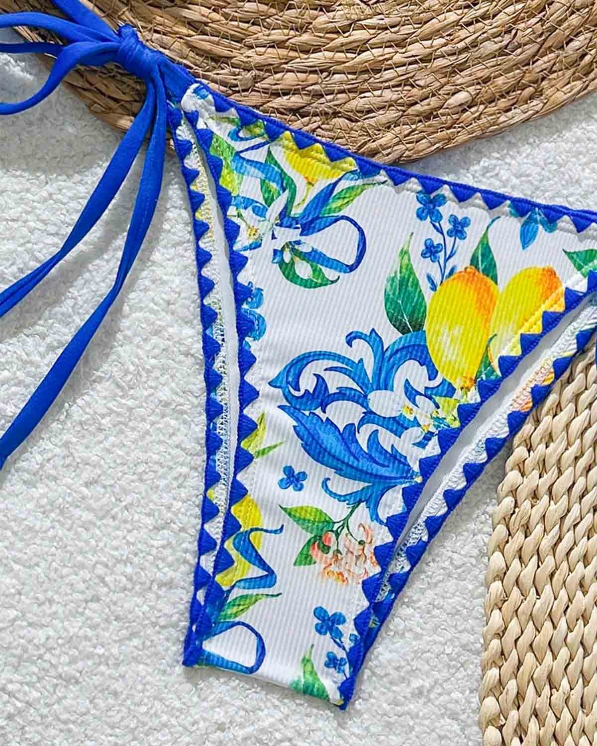 Floral bikini bottom for women with blue side ties